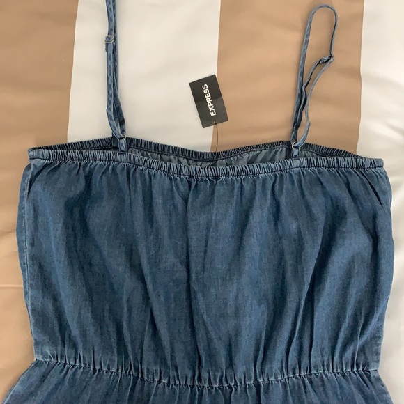 EXPRESS | Denim Square Neck Tiered Mini Dress - Picture 17 of 17